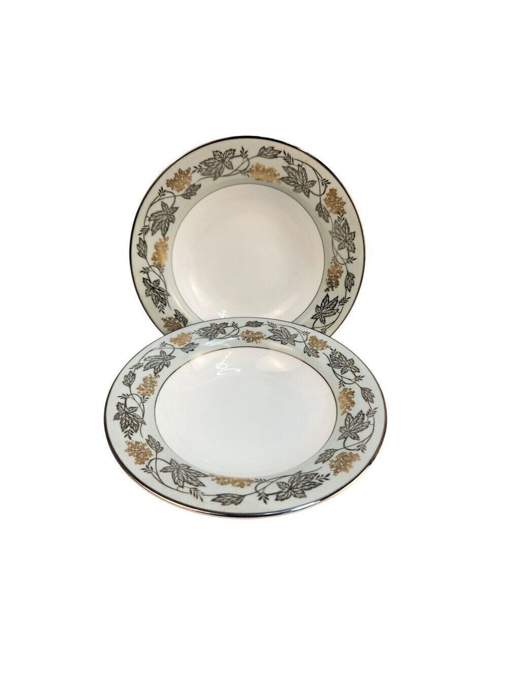 Noritake China Silvine 5487 Soup Bowls Set Of 2 With Floral Leaf Pattern Rim Des